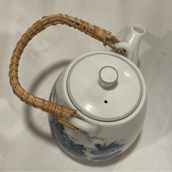 Vintage Japanese Porcelain 4.5" Teapot with Rattan Handle - Picture 3 of 15